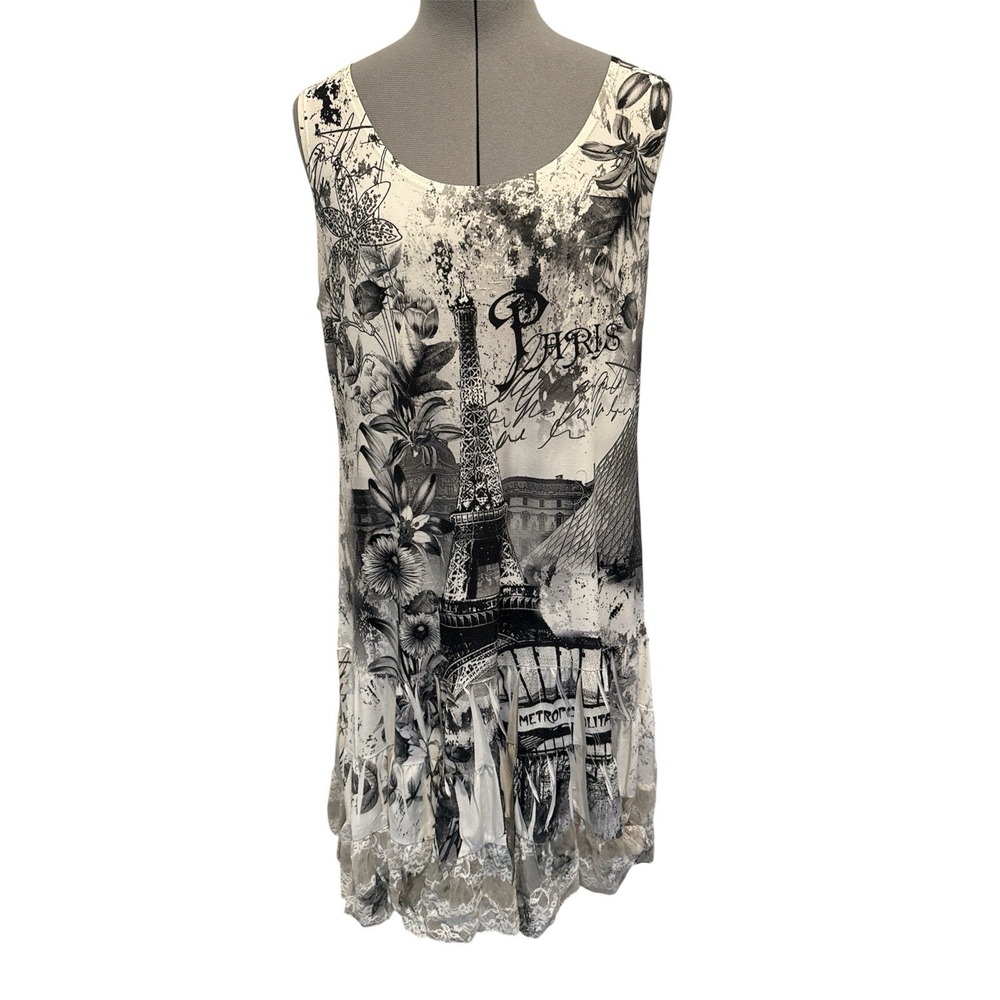 REINA Women's Mini  Dress‎ TOP PARIS THEME ABSTRACT Black GRAY Lace Trim Sz 2
